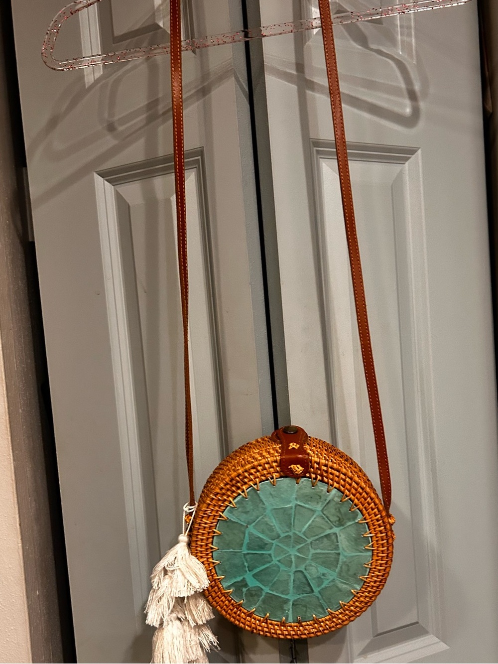 Round Woven Crossbody Bag with Turquoise Center